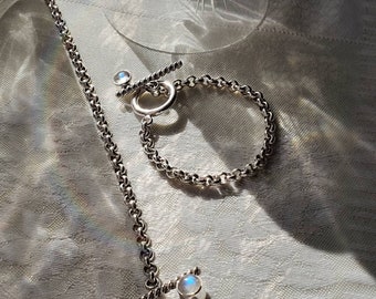 Bracelet pierre de lune en argent massif avec fermoir à bascule, chaîne Rolo, bijoux esthétiques vintage, bracelet grunge, bracelet gothique pour femme