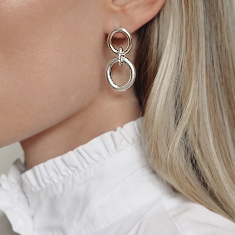 Non Tarnish Silver Double Hoop Earrings Silver Chunky Hoop Earrings Post Earrings Large Studs Grunge Jewelry Mothers Day Gift for Sister image 4