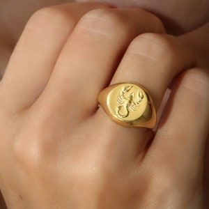Carved zodiac signet ring 22k gold vermeil