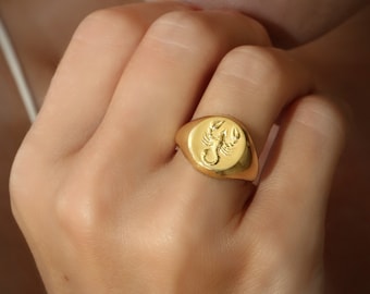 Slowly Handmade Zodiac Signet Ring Gold Pinky Signet Ring Chunky Thick Thumb Astrology Ring Scorpio Signet Ring Aquarius Libra Aries Ring