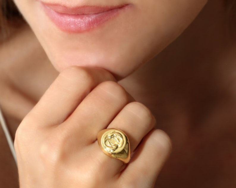 Carved zodiac signet ring 22k gold vermeil