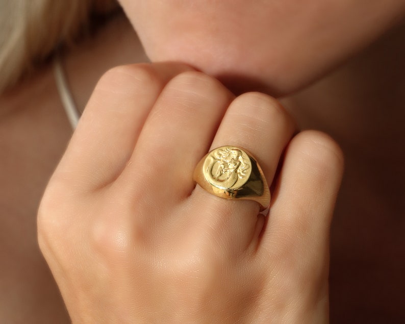 Carved aquarius signet ring 22k gold vermeil