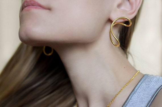 Weird Earrings Large Stud Earrings Gold Wave Earrings Unusual Earrings 22k  Gold Vermeil Statement Earrings for Mom Grunge Y2k Jewelry - Etsy