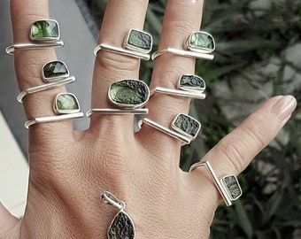 Gecertificeerde Moldavite Ring Meteoriet Trouwring maat 8 Tsjechische Moldavite Ring Verlovingsring Ruwe Stenen Ring Unieke Ring voor Vrouwen Zilver