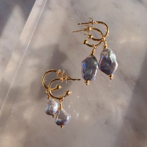 Kai Pearl Hoops, Pearl Earrings, Pearl Jewelry, Minimalist Style, Dainty Earrings, Blue Pearl Earrings, Non-Tarnish Jewelry