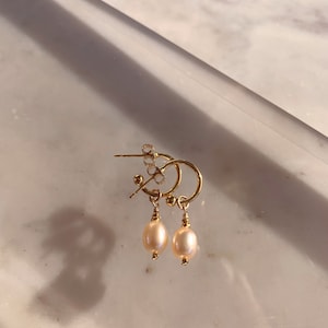 May include: A pair of gold hoop earrings with a single pearl dangling from each hoop.
