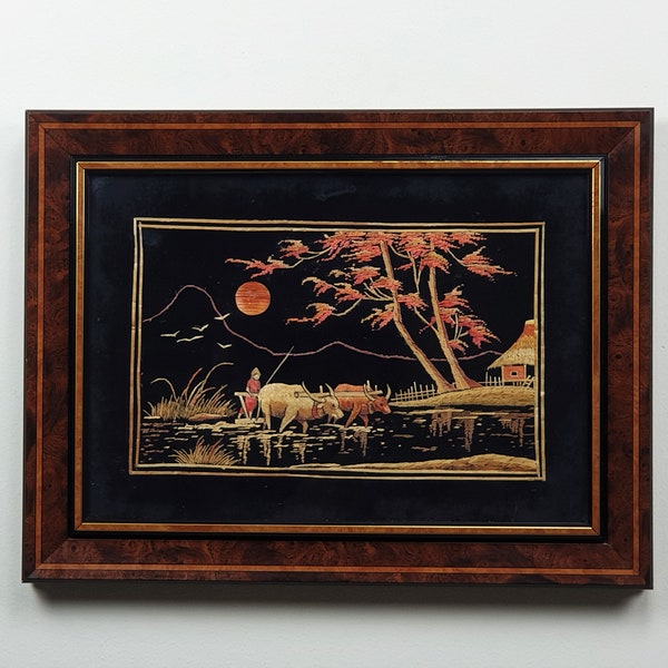 Vintage Framed Rice Straw Art,  Asian / Oriental Scene, Oriental Wall Decor, Collectibles, Vintage Friesland.