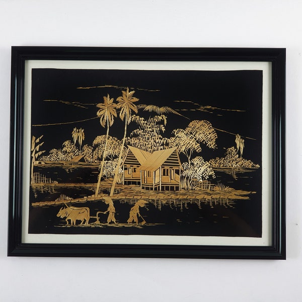 Vintage Framed Rice Straw Art,  Asian / Oriental Scene, Oriental Wall Decor, Collectibles, Vintage Friesland.