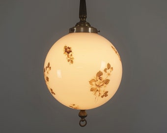 Beautiful Vintage Pendant Light White Glass Flower Print Sphere, Light Pendant, Art Nouveau Pendant Light, Vintage Friesland.