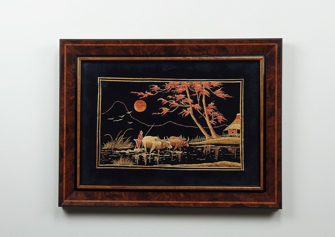 Vintage Framed Rice Straw Art Asian / Oriental Scene Etsy