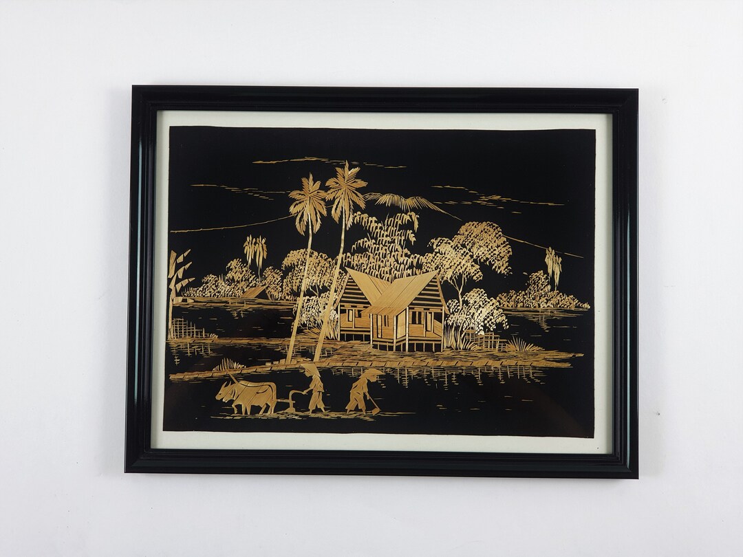 Vintage Framed Rice Straw Art, Asian / Oriental Scene, Oriental Wall
