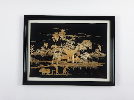 Vintage 1950s Framed Nature Handmade Embroidery - Set of 2