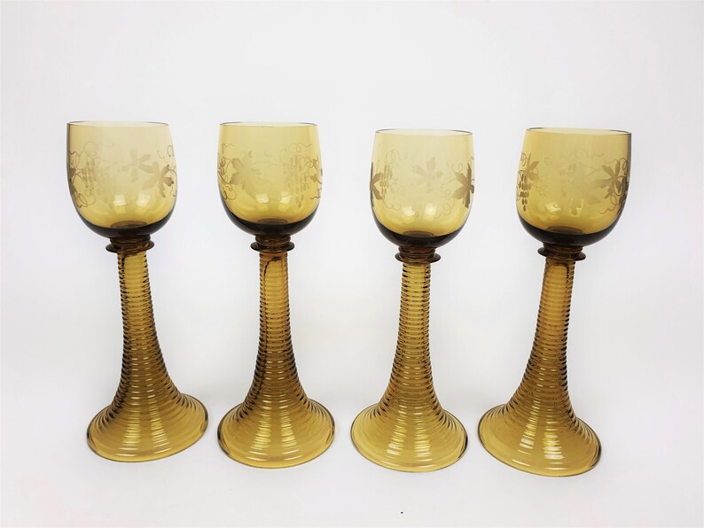 Antique Art Nouveau Wine Glasses amber Stems Etched Grape Etsy
