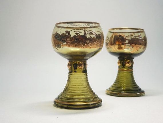 Vintage Pair German Crystal Goblets Roemer Gold Leaf Ridged
