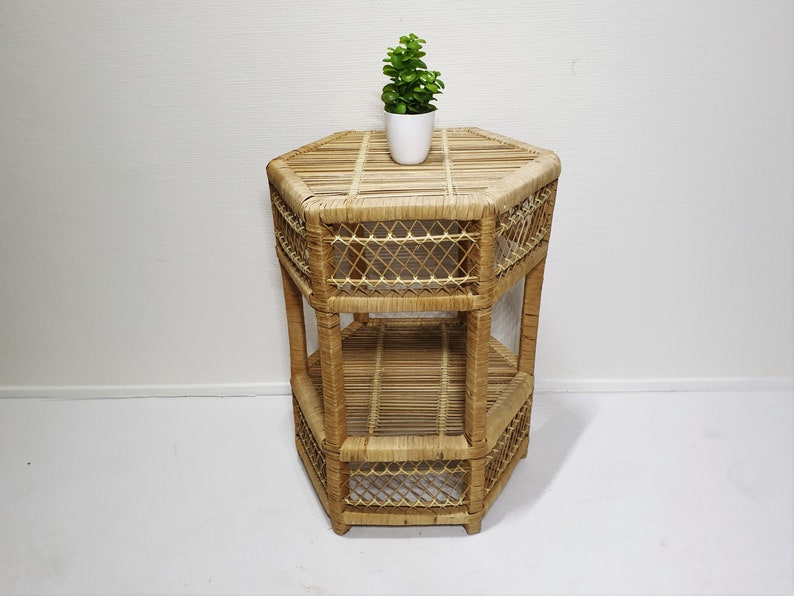 Vintage Rattan Side Table Plant Stand Bamboo Wicker Home Deco Wicker Side Table Rattan Farmhouse Home Deco Vintage Friesland.