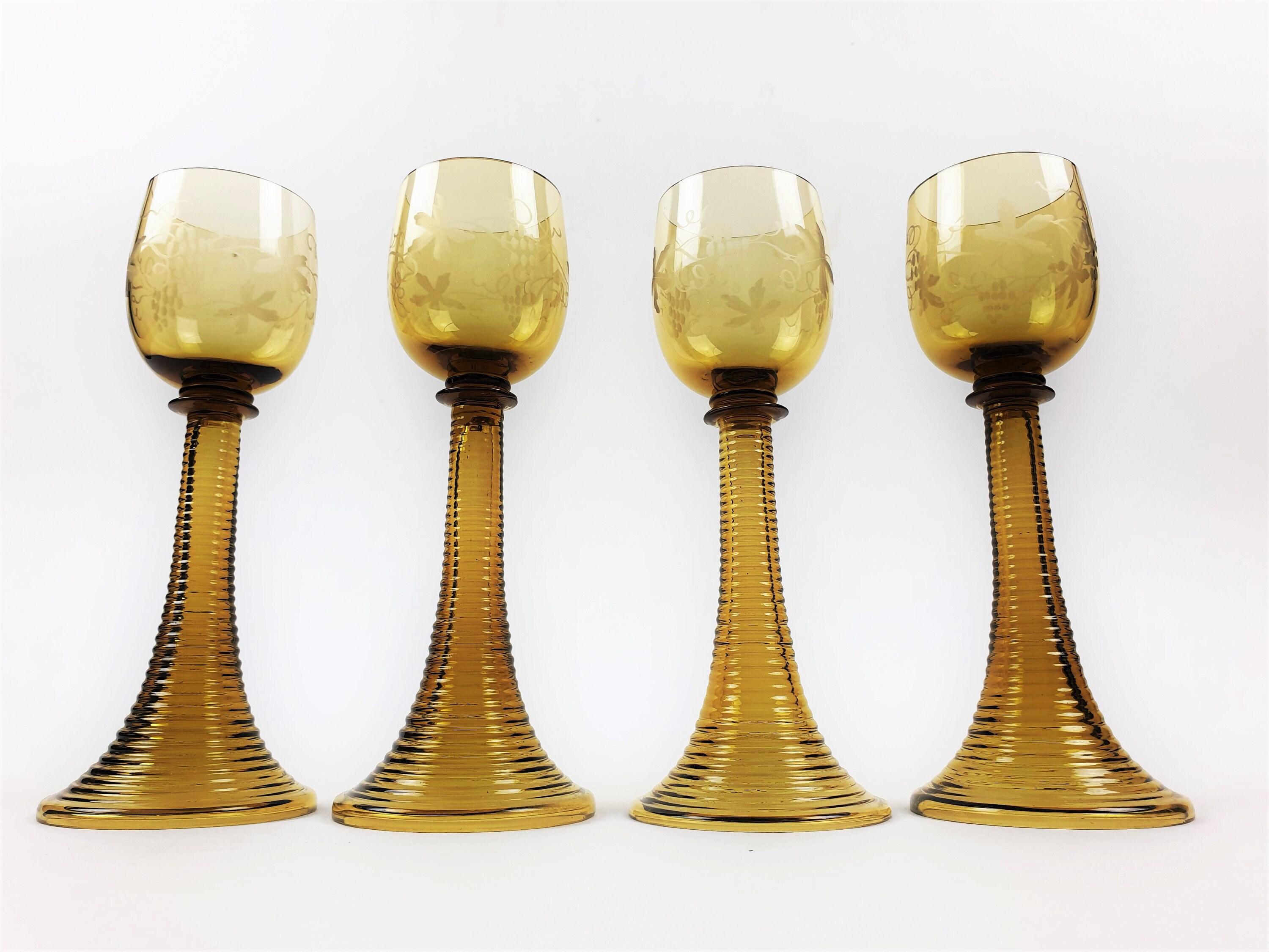 Antique Art Nouveau Wine Glasses Amber Stems Etched Grape Etsy