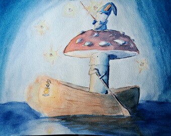 Impresión de canoa de setas y gnomos