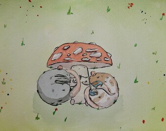 Estampado de hongo y gnomo acurrucándose con ratas