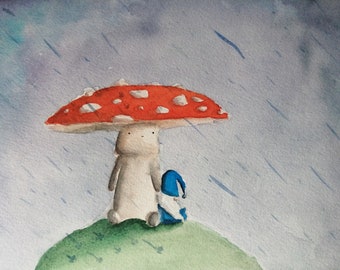 Hongo y gnomo bajo la lluvia, impresión A4 o A6