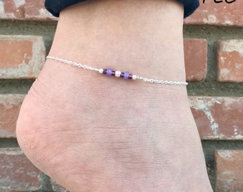 Fotlänk/Fotlänk i sterlingsilver/Matchande magkedja/Fotlänk med silverpärlor/Fotlänk med lila jadesten/Fotlänk med tjeckiska glaspärlor