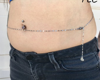 Stainless Steel Belly Chain/Matching Anklet/Dangle Heart Charm/33 inches long/4 inch Charm drop/Stainless Steel Waist Chain/Waist Chain