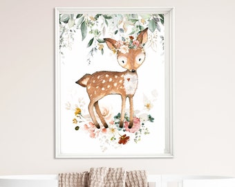 Deer nursery wall art, fawn nursery decor, woodland print, deer girl print, girl nursery decor, deer  baby room decor, fawn print - 367