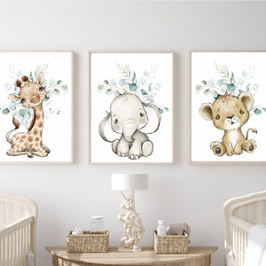 Safari Nursery Prints: Elephant, Giraffe, Lion Art