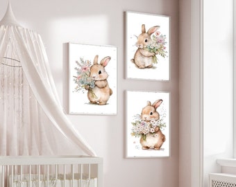 Bunny Nursery Prints: Floral Watercolor Wall Art