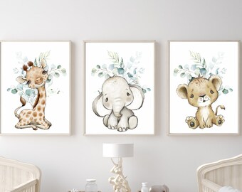 Safari Nursery Prints: Elephant, Giraffe, Lion Art