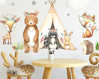 Watercolor Woodland Nursery Decals, Forest Animals, Teepee Wall Decor