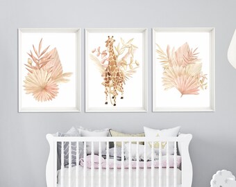 Boho Nursery Prints Set: Safari Animals, Giraffe Art (Set of 3)