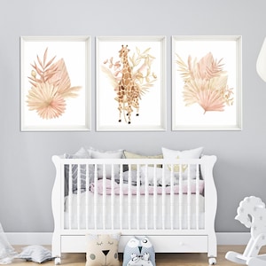 Boho Nursery Prints Set: Safari Animals, Giraffe Art (Set of 3)