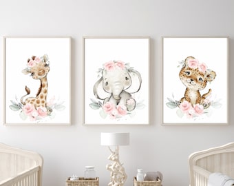 Safari Animal Nursery Prints: Blush Pink Floral Decor, Set of 3