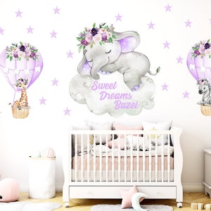Elephant nursery decal with hot air balloons, nursery elephant wall decor, safari decal, baby room decor, sleeping elephant decal - 233
