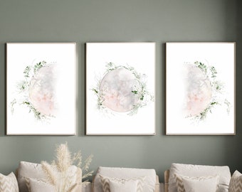 Floral Moon Prints Set: Watercolor Moon Phase Nursery Decor