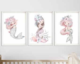 Mermaid Nursery Prints: Set of Three, Girl Bedroom Wall Art