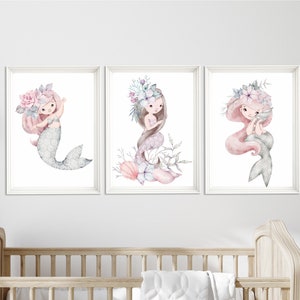Mermaid nursery wall art, girl nursery wall decor, mermaid prints, nursery prints, mermaid nursery prints, girl bedroom prints, mermaid -448