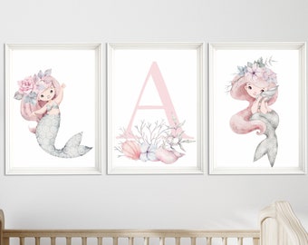 Mermaid Nursery Prints: Set of Three, Girl Bedroom Decor