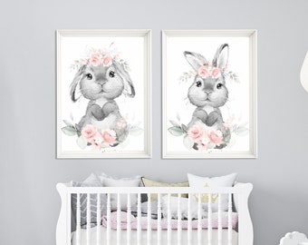 Bunny Nursery Prints: Pink Floral Girl Nursery Wall Art