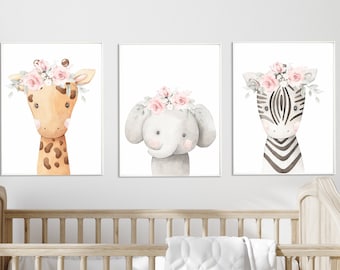 Safari Nursery Prints: Floral Animal Wall Art, Girl Bedroom Decor