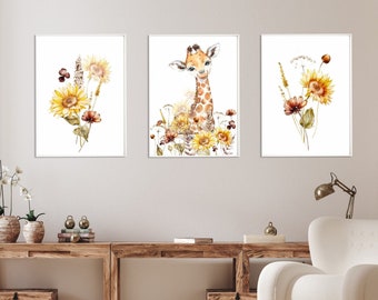 Safari nursery decor, wildflower nursery decor, neutral nursery print, wildflower prints, floral nursery, giraffe print, sunflower print 607