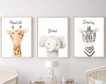 Safari Animal Nursery Prints: Giraffe, Elephant, Zebra Art