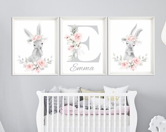 Bunny Nursery Prints: Pink & Gray Girl Room Decor