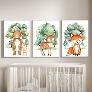 Woodland Animal Nursery Prints: Bear, Deer & Fox Set