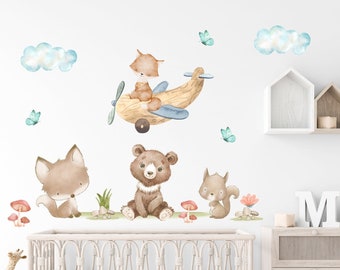 Watercolor Forest Animals Nursery Wall Decal: Bear, Fox, Squirrel