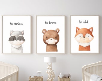 Woodland Animal Nursery Prints: Bear, Fox, Racoon