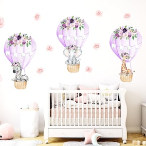 Hot air balloon decal, girls watercolor safari hot air balloon nursery decal, baby room balloon decor, jungle nursery wall sticker  91