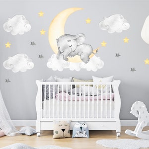 Watercolor Elephant Nursery Wall Decal: Sleeping Elephant on Moon