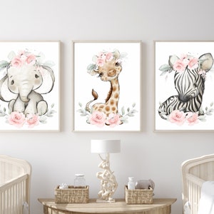Safari Animal Nursery Prints: Blush Pink Floral Decor, Set of 3