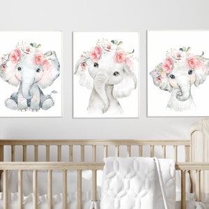 Set of 3 elephant prints, nursery decor girl floral, elephant nursery wall decor, elephant nursery wall art, elephant room decor - 569